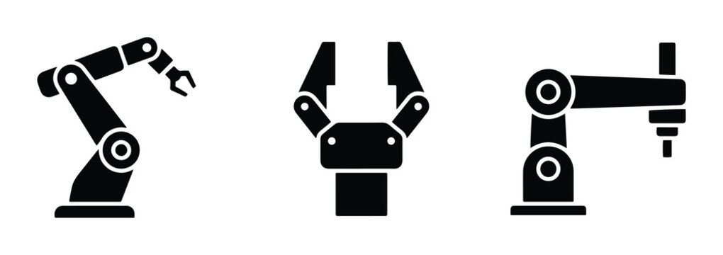 Robotic arm silhouettes set with grippers and manipulators for industry, technology and automation