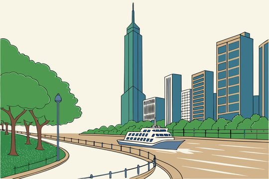 Modern waterfront skyline with tree lined boulevard and contemporary towers in ho chi minh city showcasing urban growth business travel and development generated ai