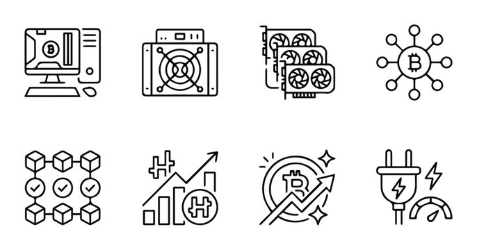Cryptocurrency mining icons set with computer, GPU, power supply and Bitcoin symbol for technology