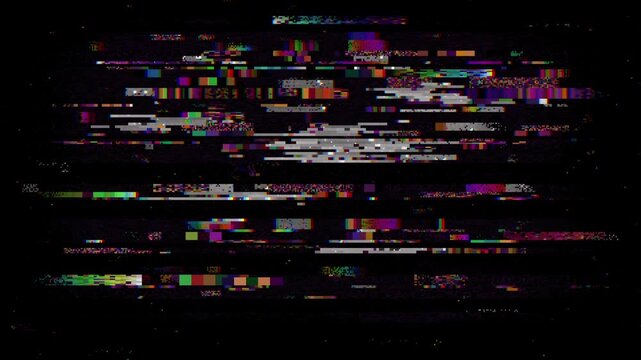 Digital glitch background with colorful pixel noise and horizontal data corruption on black, seamless loop