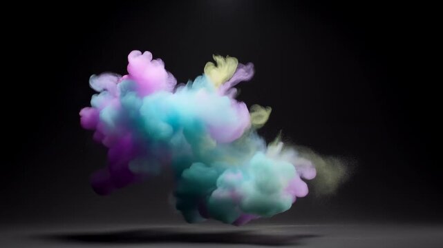 Billowing cloud of pink, purple, cyan, blue and yellow smoke floats above a dark studio floor. Advertising, title sequence, and music visualizer.