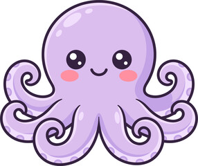 Cute purple octopus smiling kawaii cartoon sea animal marine creature happy adorable illustration isolated white background vector character baby chibi © Md