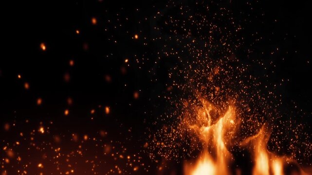 Fire flames with rising sparks and glowing bokeh embers on black background, copy space on left