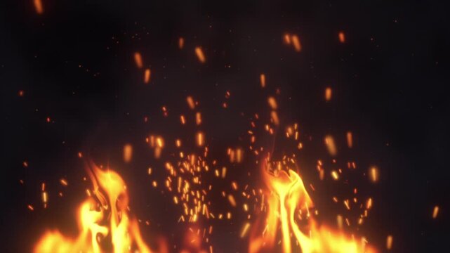 Burning flames and fire sparks rising from the bottom edge on dark smoky background, seamless loop