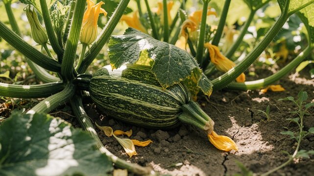 Ripe striped squash growing on a vine in a sunny vegetable garden