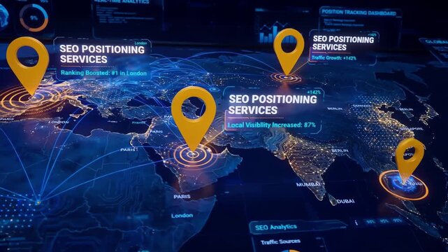 Futuristic digital world map showing glowing blue and gold location pins popping up for SEO positioning services