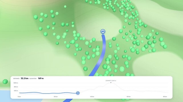 Cycling route map animation with bike marker tracing a 3D trail over a summit and live elevation profile