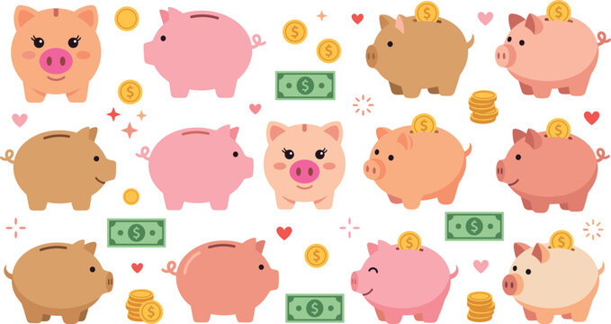 Vector collection of cute piggy banks in different colors with gold coins and dollar bills isolated on white background for financial saving concept