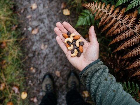 Hand holding trail mix nuts and raisins outdoors