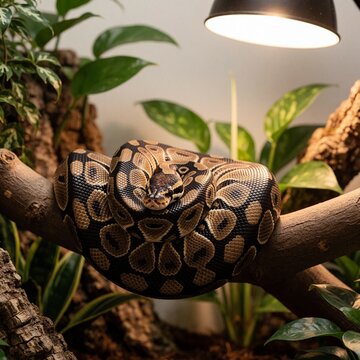 Ball Python Snake Coiled on Branch in Vivarium