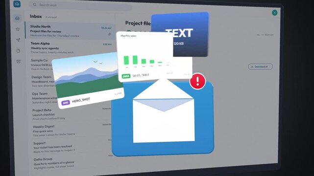 Email attachment animation with an envelope icon opening and four files flying into an inbox interface