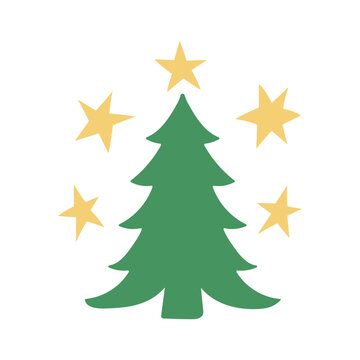 Hand drawn Christmas tree surrounded by yellow stars clipart. Flat folk art naive illustration of green pine tree and celestial sparkles for festive holiday packaging. Vector illustration isolated 