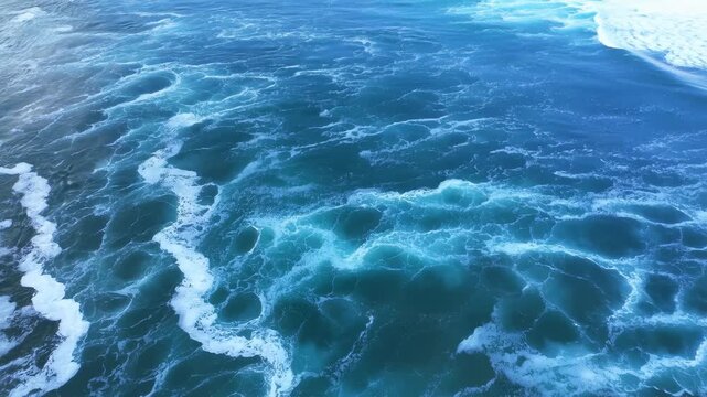 Ocean waves roll and swirl across the open sea, creating white foam trails and turbulent patterns. Nature documentaries, marine science education, and ocean conservation advertising.