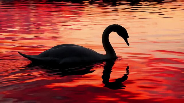 Side profile of a white swan silhouette swimming through vibrant orange sunset reflections on a calm lake surface
