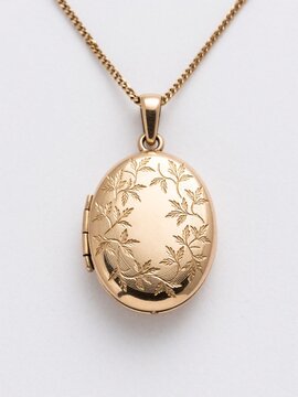 Antique gold oval locket pendant with engraved leaf wreath on chain