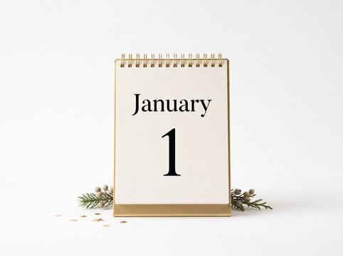 Minimalist Desktop Spiral Calendar Showing January 1 New Year Day with Festive Pine Decorations