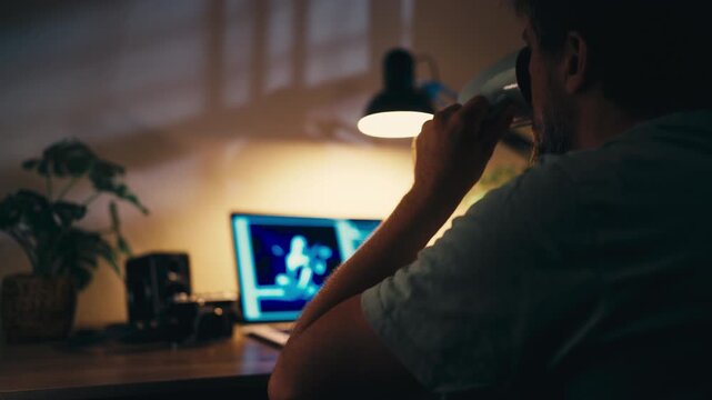 Freelancer work alone at computer late at night, process digital photographs while enjoy hot drink. Remote work lifestyle, independent business, flexible working hours, creative projects, dedication