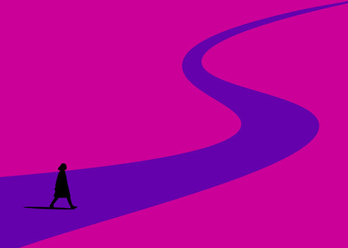 Silhouette walking on abstract purple path towards destination