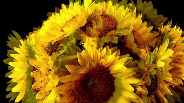 Vibrant yellow sunflower heads rotating slowly against a solid black background creating a dynamic floral texture