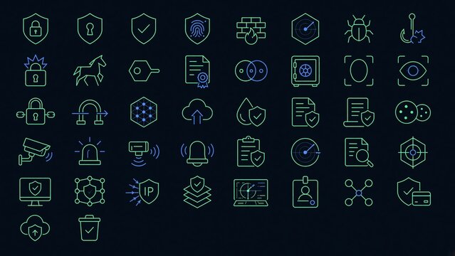 Cyber security and data protection vector icons set