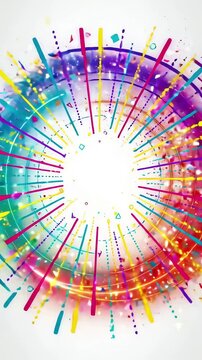 Abstract celebration motion design with glowing concentric rings and lines expanding outward on a clean white backdrop