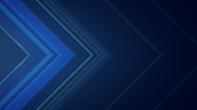 Blue chevron arrow background with layered stripes moving right on a navy grid, seamless loop with copy space