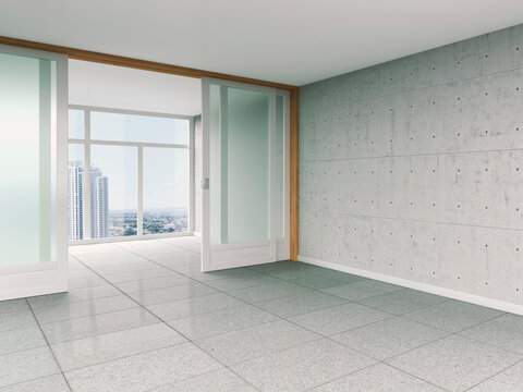 Empty room with sliding door and concrete wall, 3D rendering
