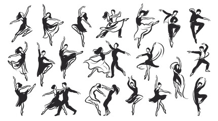 Dancers performing ballet poses. Graceful ballerina silhouettes isolated on white background. Pirouettes, arabesques, grand jetés, plié, tendus, relevés. Vector illustration. © ruefehehoag