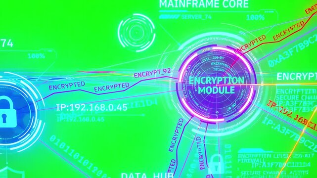 Animated network nodes and encrypted signal lines glowing on a green screen for composite video projects