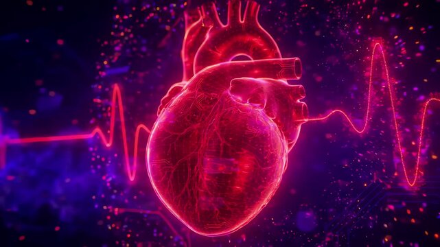 Cinematic close up of a vibrant red holographic heart pulse with shimmering light particles in a dark abstract space