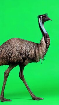 Cinematic shot of an Australian emu trotting gracefully against a chroma key green background