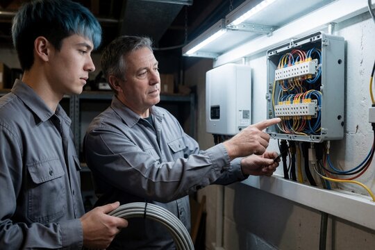 Senior electrician teaching apprentice to wire electrical panel