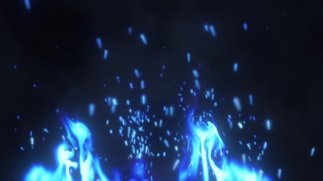 Flickering blue fire background with rising sparks flying upward from the bottom on black, seamless loop