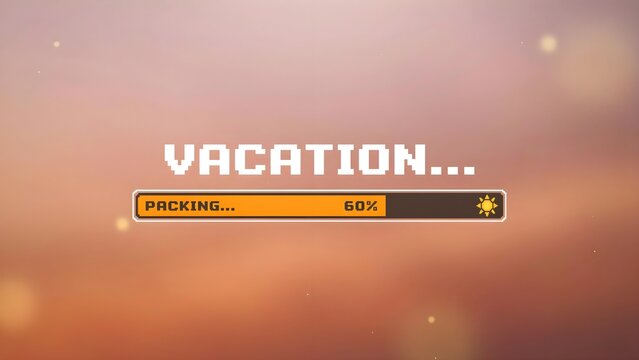 Digital pixel art loading bar with the text vacation packing at sixty percent complete