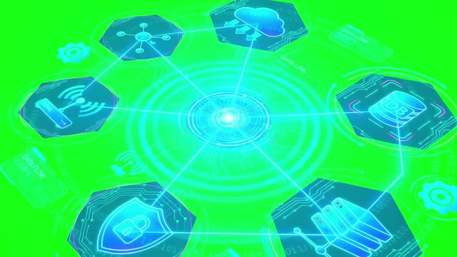 Digital data link icons pulsing and rotating in a seamless loop against a solid green screen backdrop