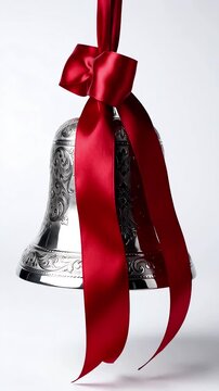 Elegant silver bell with a vibrant red silk ribbon slowly rotating on a seamless white studio background