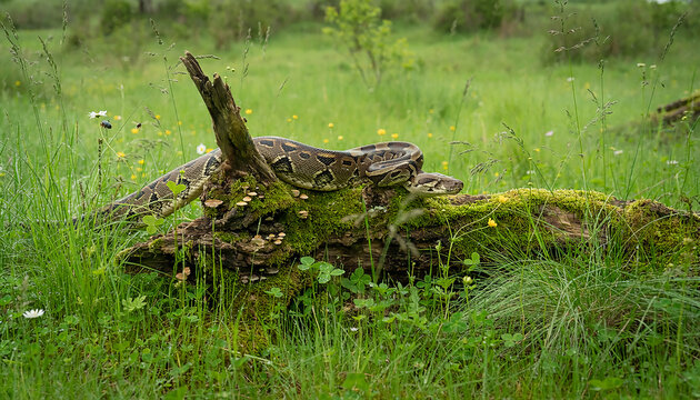 Large snake slithering over mossy log in green meadow for wildlife concept