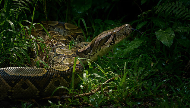Large Python Snake Slithering Through Lush Green Grass in Jungle Environment Wildlife Concept