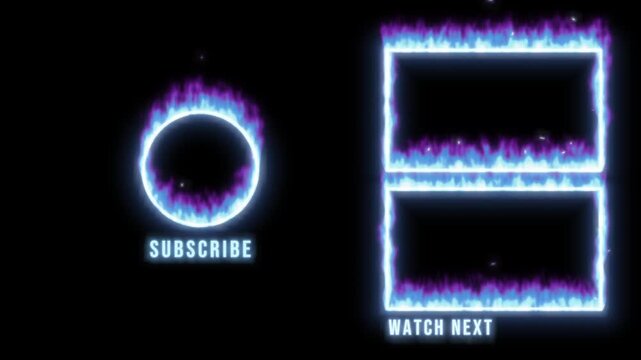 Blue flaming end screen template with a subscribe circle and two burning watch next frames on black