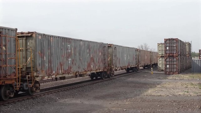 Freight train rolling past a container yard