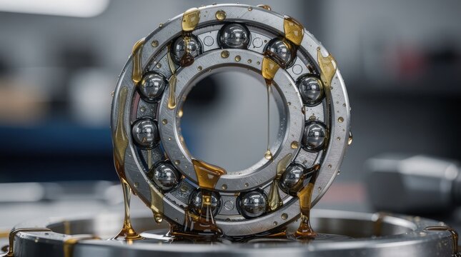 A close-up of a ball bearing coated with viscous lubricant, highlighting industrial machinery components and detailed mechanical engineering elements.