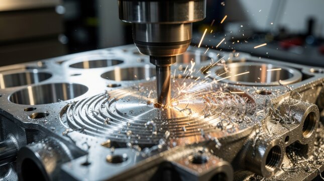 A CNC milling machine cuts a metal engine part, producing sparks and metal shavings during precision machining in an industrial workshop.