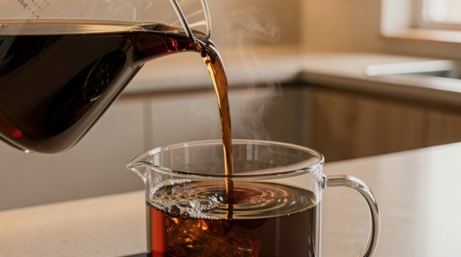 Freshly brewed coffee is being poured into a glass carafe on a modern kitchen counter, emitting steam.