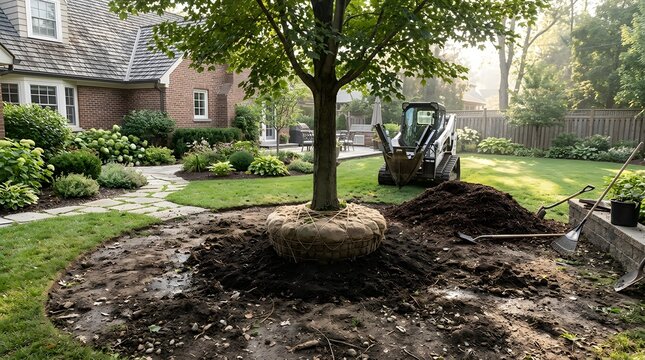 Large tree root ball in an excavated yard with a track loader