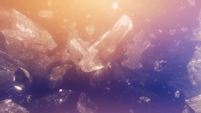Glowing translucent fragments drift through purple and orange atmospheric haze. Technology branding, science media, and wellness promotion.