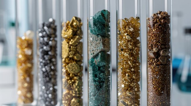 Several test tubes filled with various colorful minerals and ores, showcasing different textures and metallic lusters.