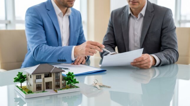 Real estate agent explaining mortgage contract terms to client with small house model on office desk glass.