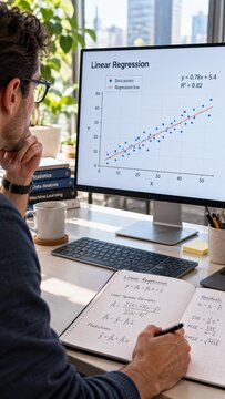 Data analyst studying linear regression model on computer screen at home office. A professional reviews statistical scatter plots and mathematical formulas for business research.