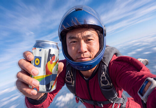 Mockup Template of Can Held by Skydiver in Freefall