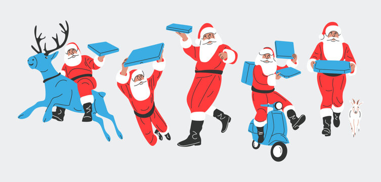Vector set of Santa Claus pizza delivery characters. Concept of Happy New 2027 Year and Merry Christmas.